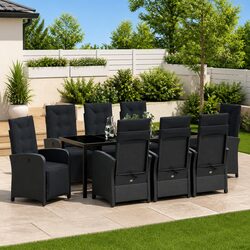 Outdoor Dining Set 9 Pieces Black Poly Rattan Glass Top Garden Furniture