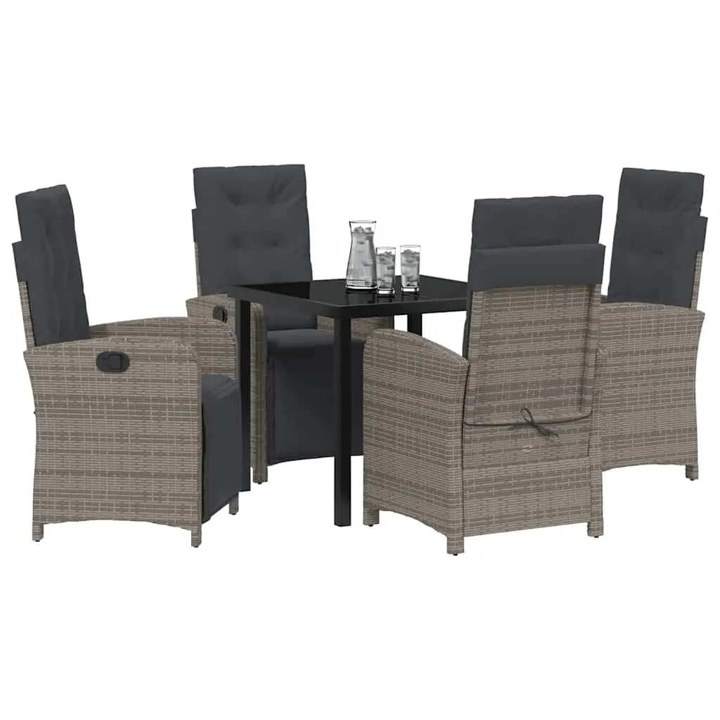 Garden Dining Set 5 pcs Grey Poly Rattan Outdoor Furniture Glass Top Cushions