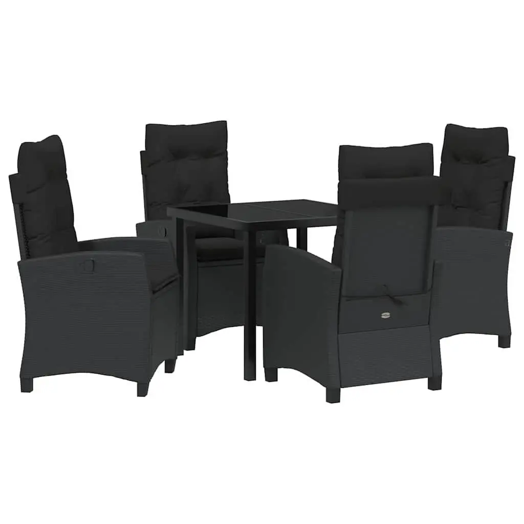 Outdoor Dining Set Black 5 Piece Poly Rattan Patio Furniture with Adjustable Backrest and Seat Cushions