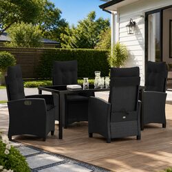 Garden Dining Set 5 Pieces Outdoor Patio Furniture Black Poly Rattan Glass Top