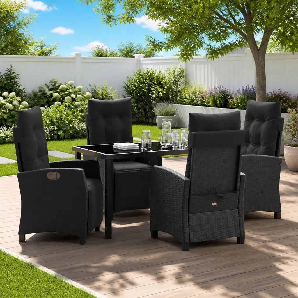 Garden Dining Set 5 Pieces Black Poly Rattan Outdoor Furniture Table Chairs