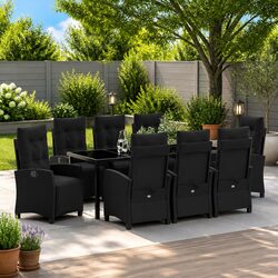 Garden Dining Set 9 Pieces Black Outdoor Furniture Poly Rattan Steel Frame with