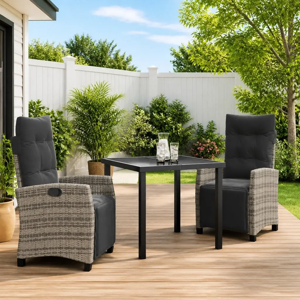 Garden Dining Set 3-Piece Outdoor Furniture Grey Poly Rattan Table Chairs
