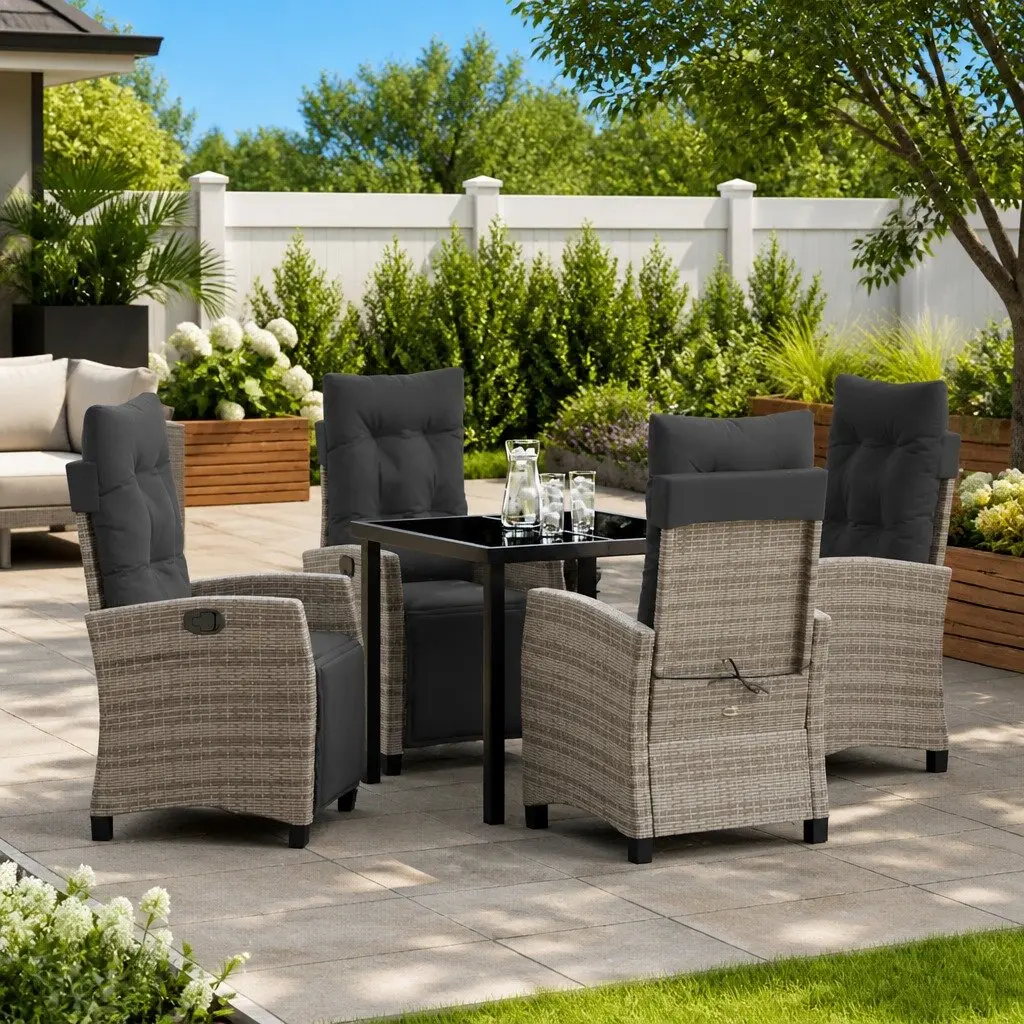 Garden Dining Set 5 Pieces Outdoor Furniture Grey Poly Rattan Table Chairs