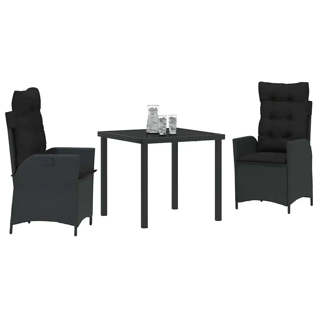 Garden Dining Set 3 Piece Outdoor Patio Furniture Black Poly Rattan Glass Table