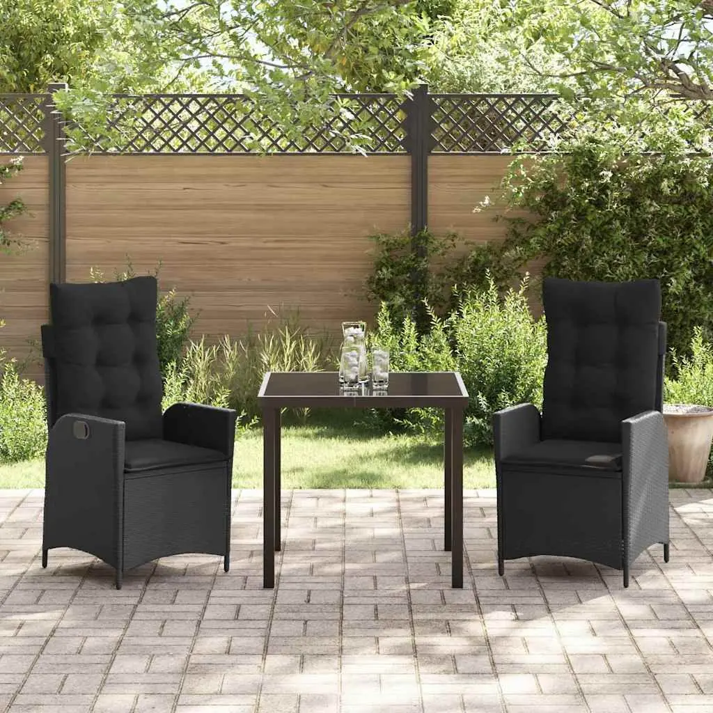 Garden Dining Set 3 Piece Outdoor Patio Furniture Black Poly Rattan Glass Table