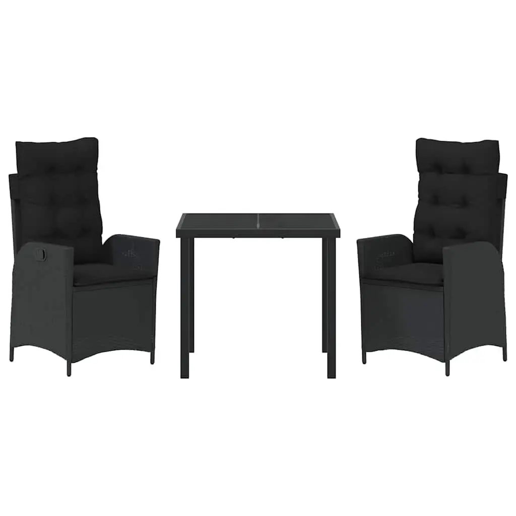 Garden Dining Set 3 Piece Outdoor Patio Furniture Black Poly Rattan Glass Table