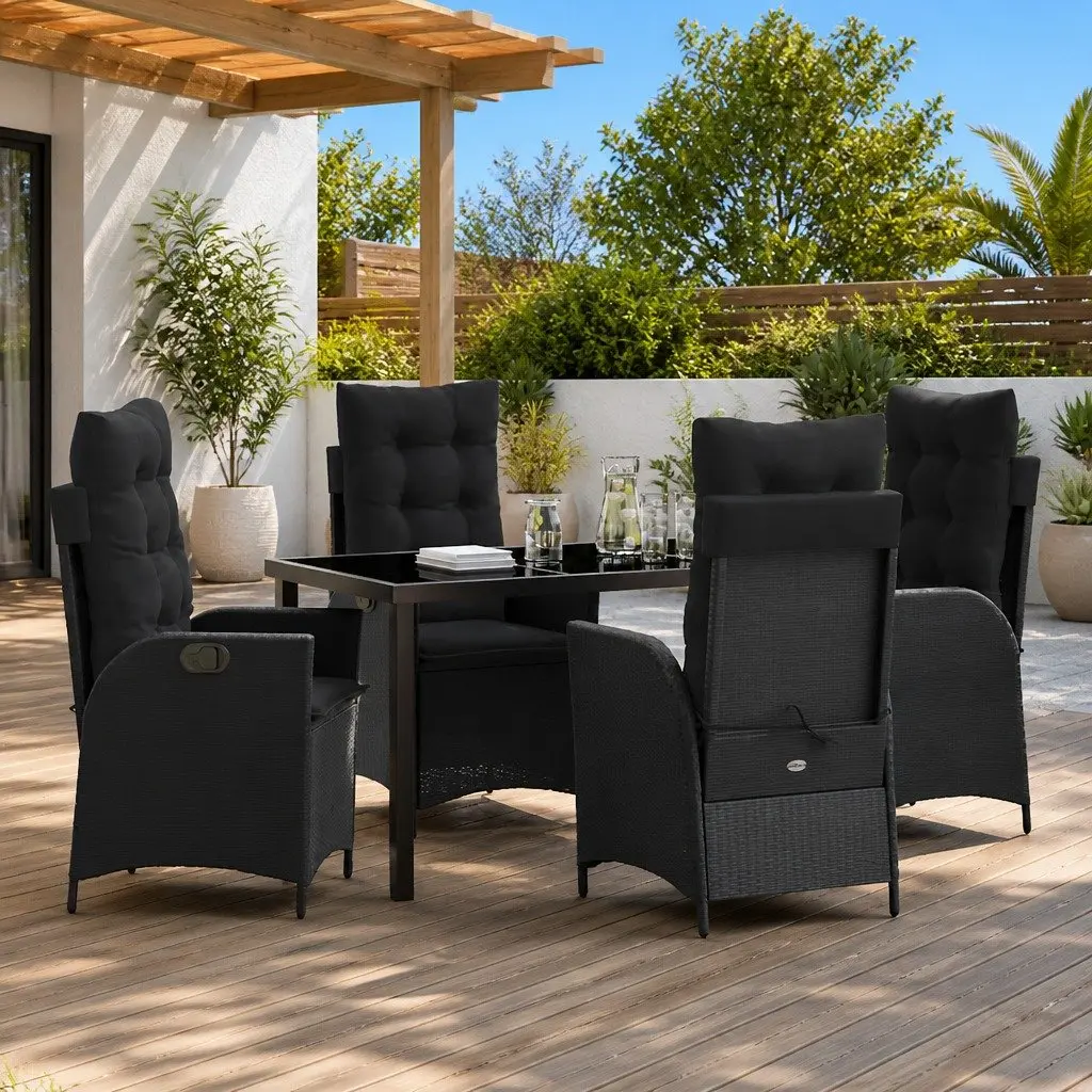 Outdoor Dining Set Black 5 Piece Poly Rattan with Steel Frame and Glass Top Adjustable Backrest