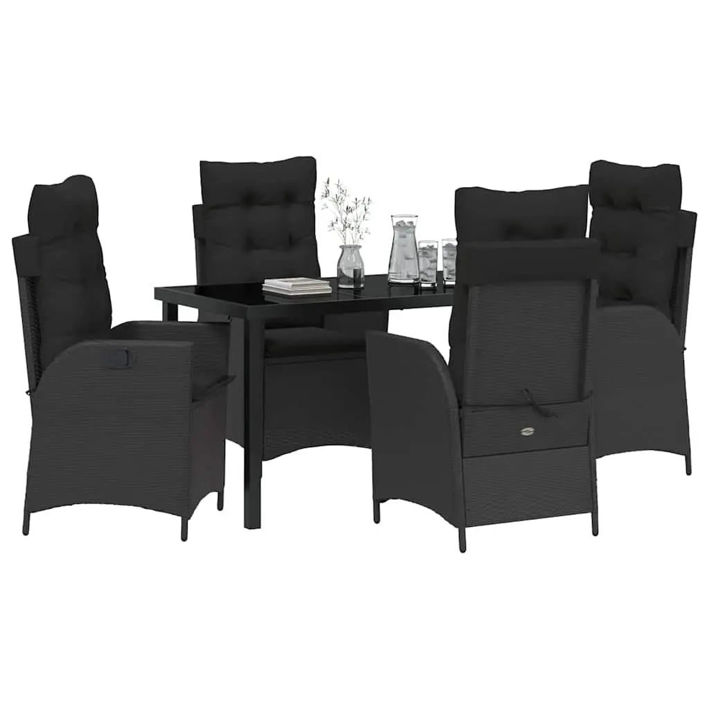 Outdoor Dining Set Black 5 Piece Poly Rattan with Steel Frame and Glass Top Adjustable Backrest