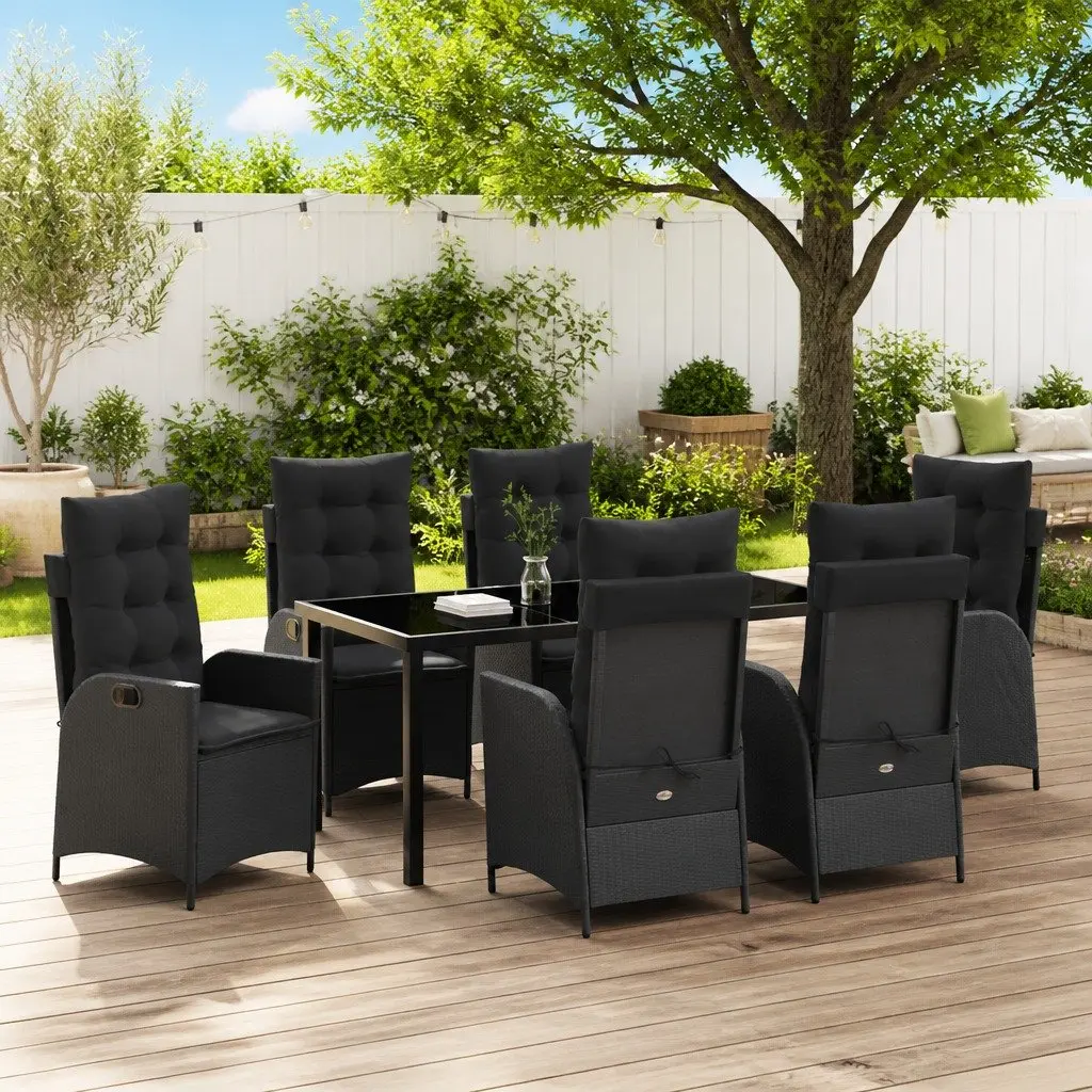 Garden Dining Set 7 Pieces Black Poly Rattan with Glass Top Outdoor Furniture