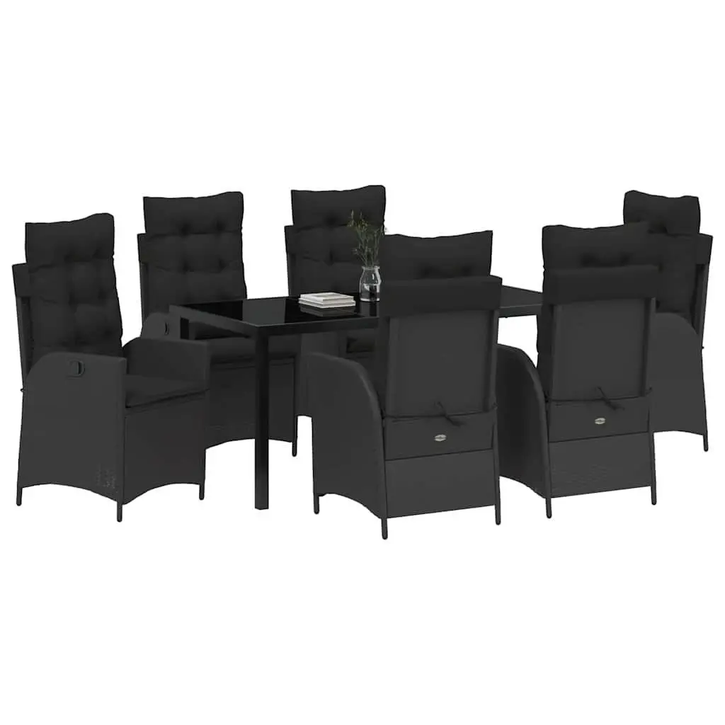Garden Dining Set 7 Pieces Black Poly Rattan with Glass Top Outdoor Furniture