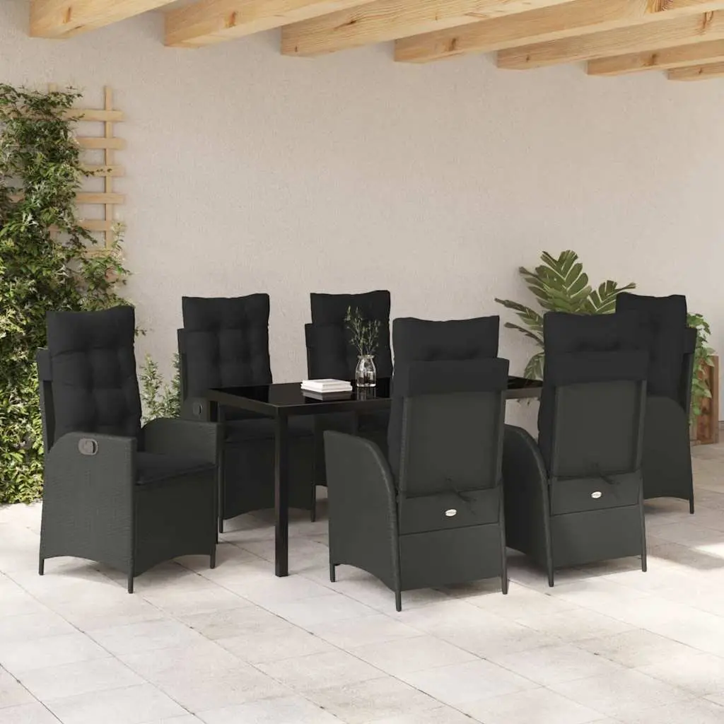 Garden Dining Set 7 Pieces Black Poly Rattan with Glass Top Outdoor Furniture