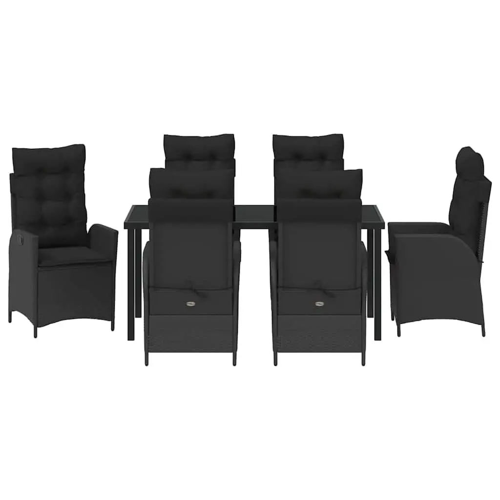 Garden Dining Set 7 Pieces Black Poly Rattan with Glass Top Outdoor Furniture