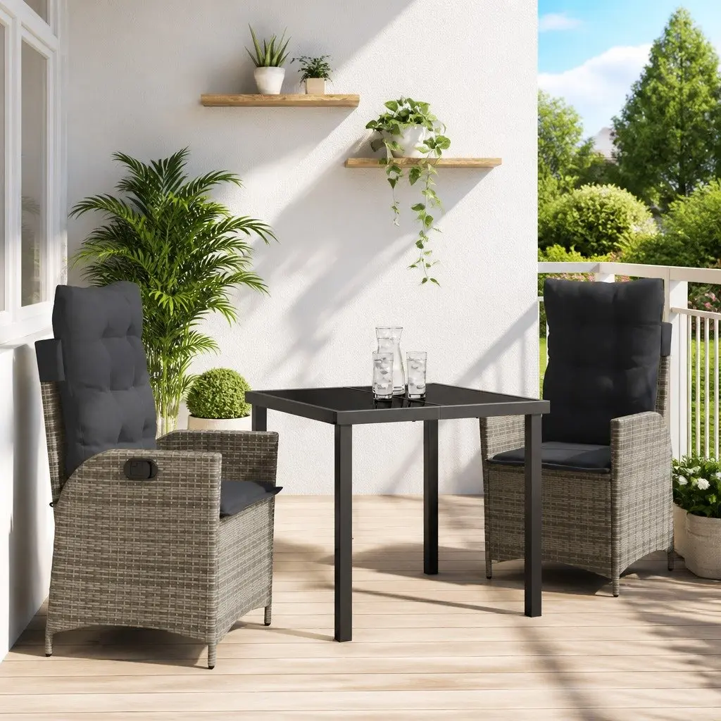Garden Dining Set Grey 3 Pieces Poly Rattan with Cushion Outdoor Furniture