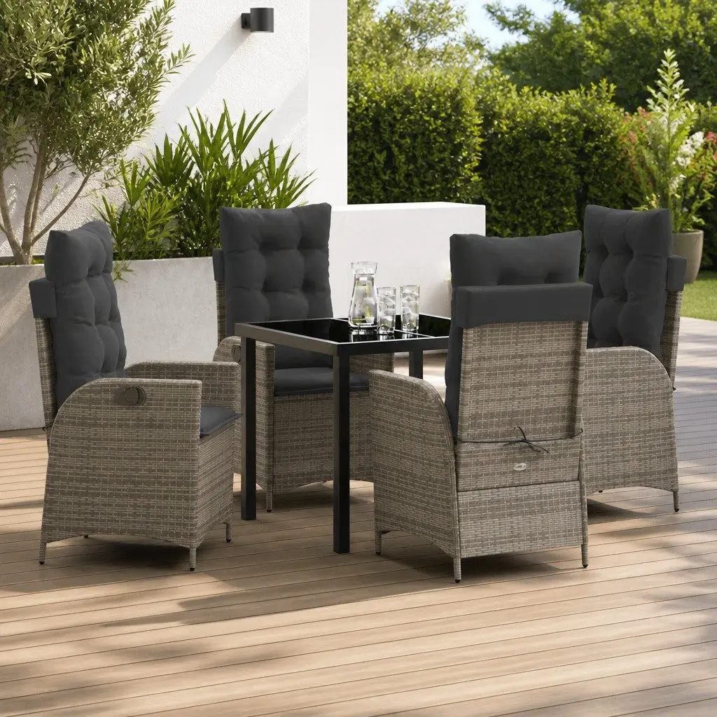 Garden Dining Set 5 Pieces Grey Poly Rattan Patio Furniture with Glass Tabletop
