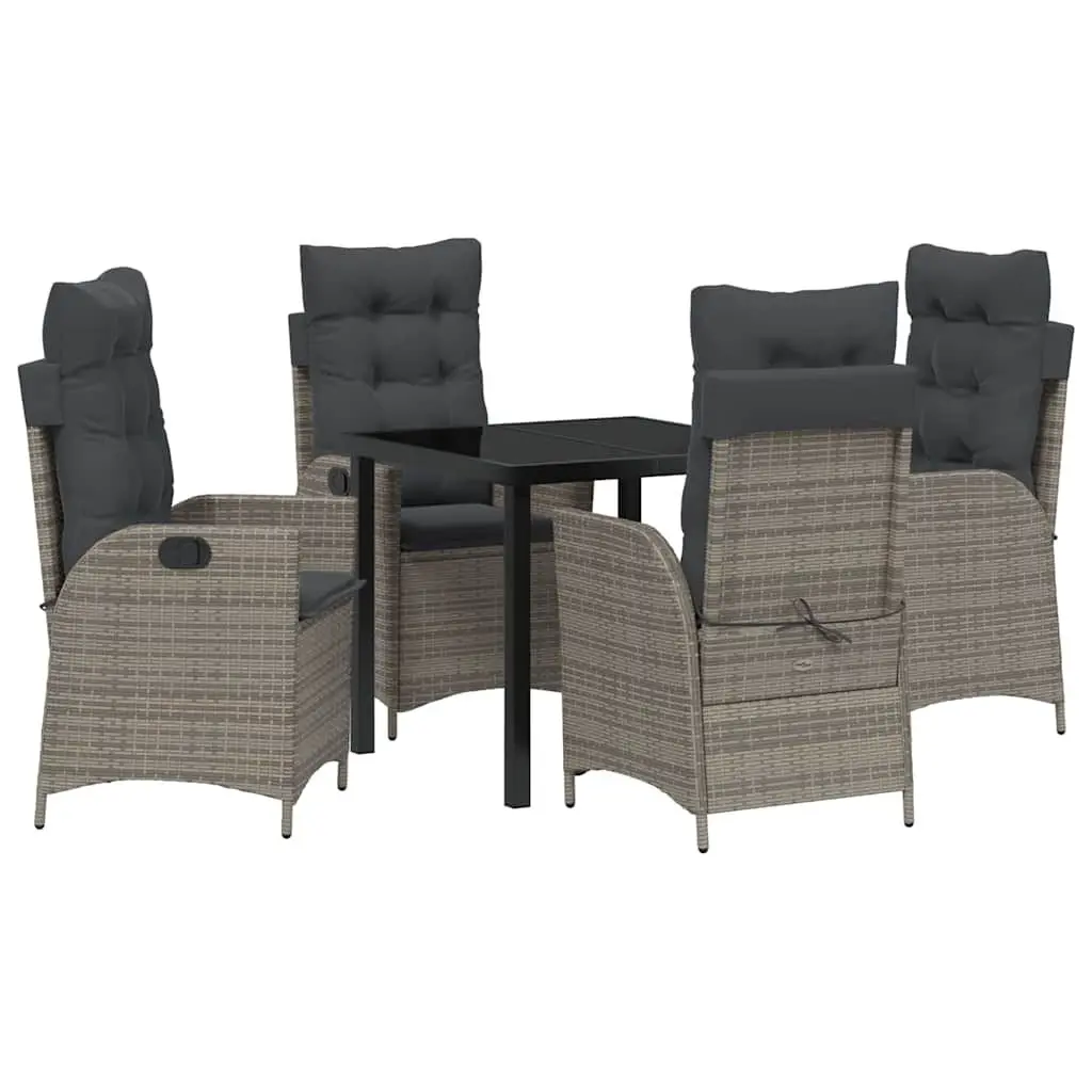 Garden Dining Set 5 Pieces Grey Poly Rattan Patio Furniture with Glass Tabletop