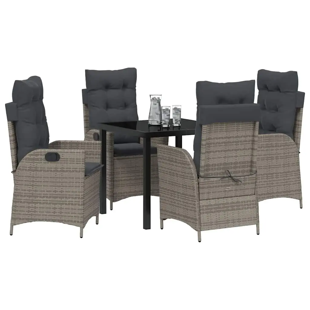 Garden Dining Set 5 Pieces Grey Poly Rattan Patio Furniture with Glass Tabletop