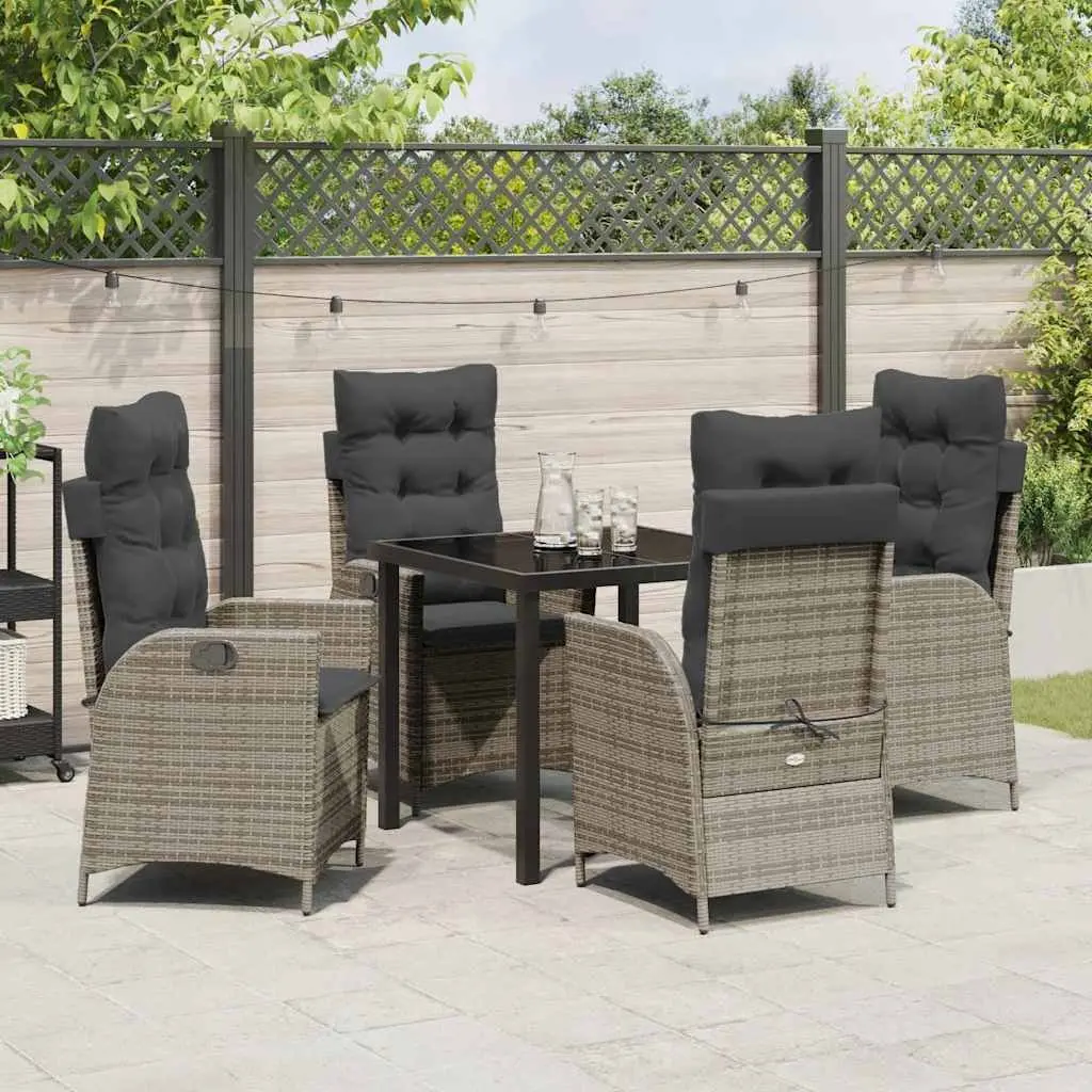 Garden Dining Set 5 Pieces Grey Poly Rattan Patio Furniture with Glass Tabletop
