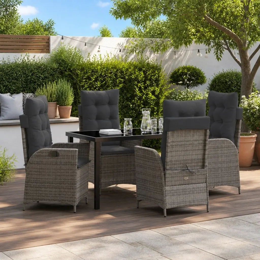 Garden Dining Set Grey 5 Piece Outdoor Patio Furniture with Cushions Poly Rattan Steel Frame Adjustable Backrest