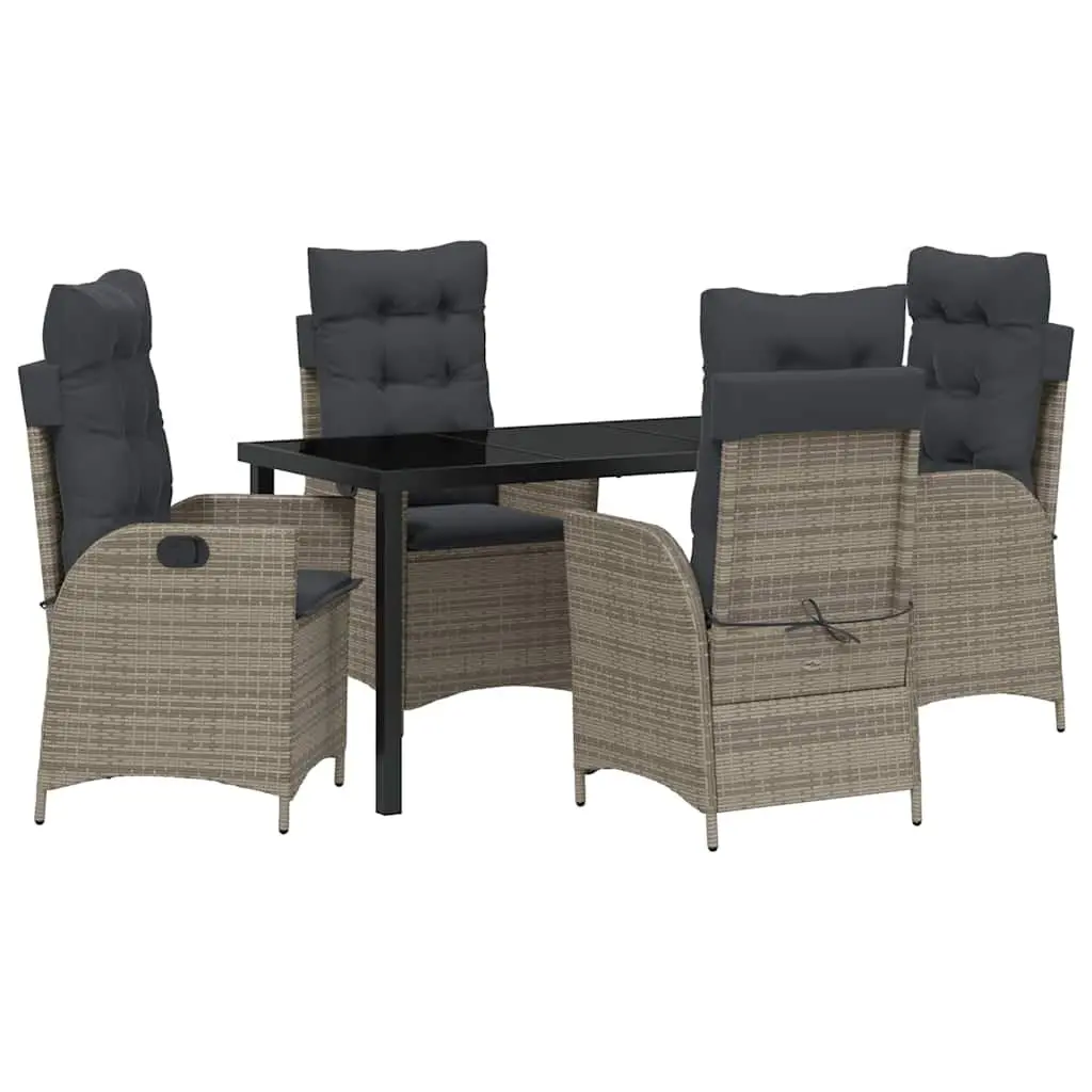 Garden Dining Set Grey 5 Piece Outdoor Patio Furniture with Cushions Poly Rattan Steel Frame Adjustable Backrest