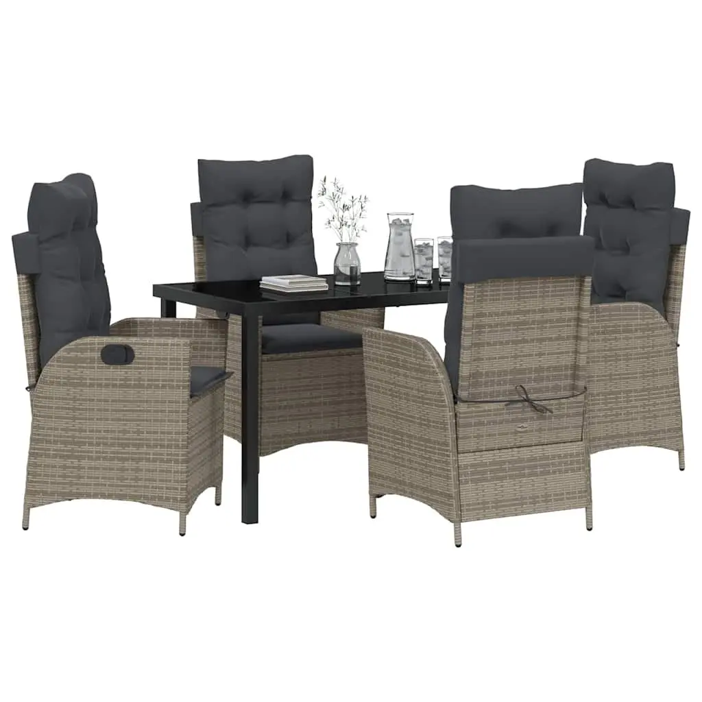 Garden Dining Set Grey 5 Piece Outdoor Patio Furniture with Cushions Poly Rattan Steel Frame Adjustable Backrest