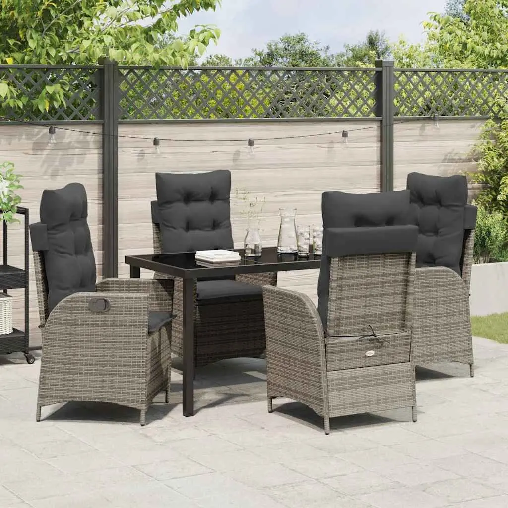 Garden Dining Set Grey 5 Piece Outdoor Patio Furniture with Cushions Poly Rattan Steel Frame Adjustable Backrest