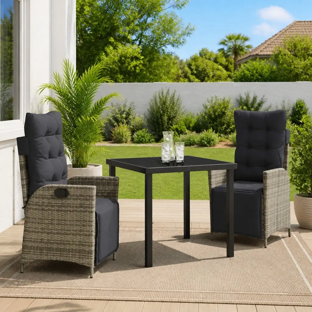Garden Dining Set 3 pcs Grey Poly Rattan Outdoor Furniture Patio Rectangular