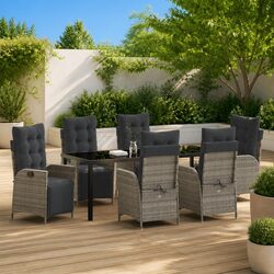 Garden Dining Set 7 Pieces Grey Poly Rattan Outdoor Furniture with Cushions