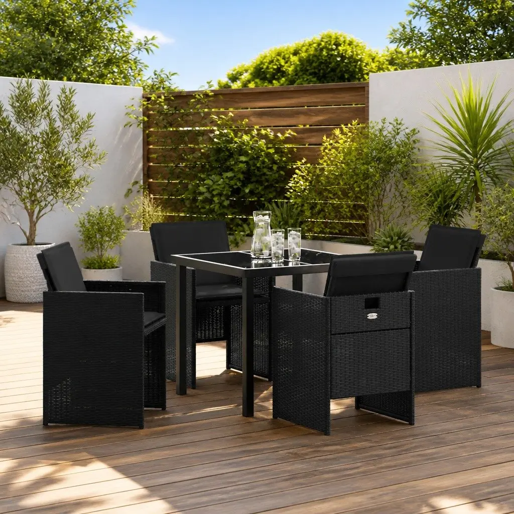 Garden Dining Set Black 5 Piece Metal Frame Poly Rattan