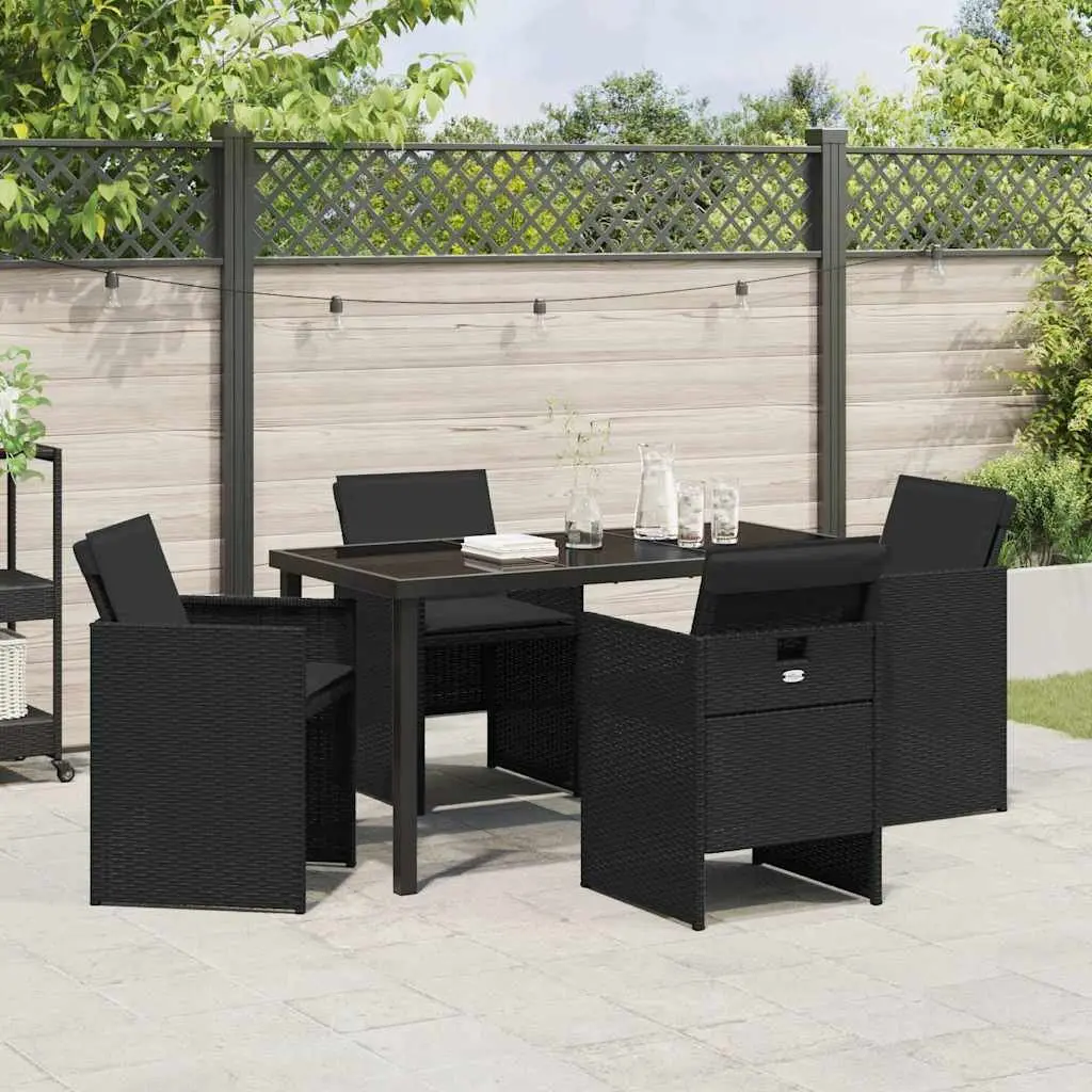 Garden Dining Set Black 5 Pieces Poly Rattan Steel Frame Tempered Glass