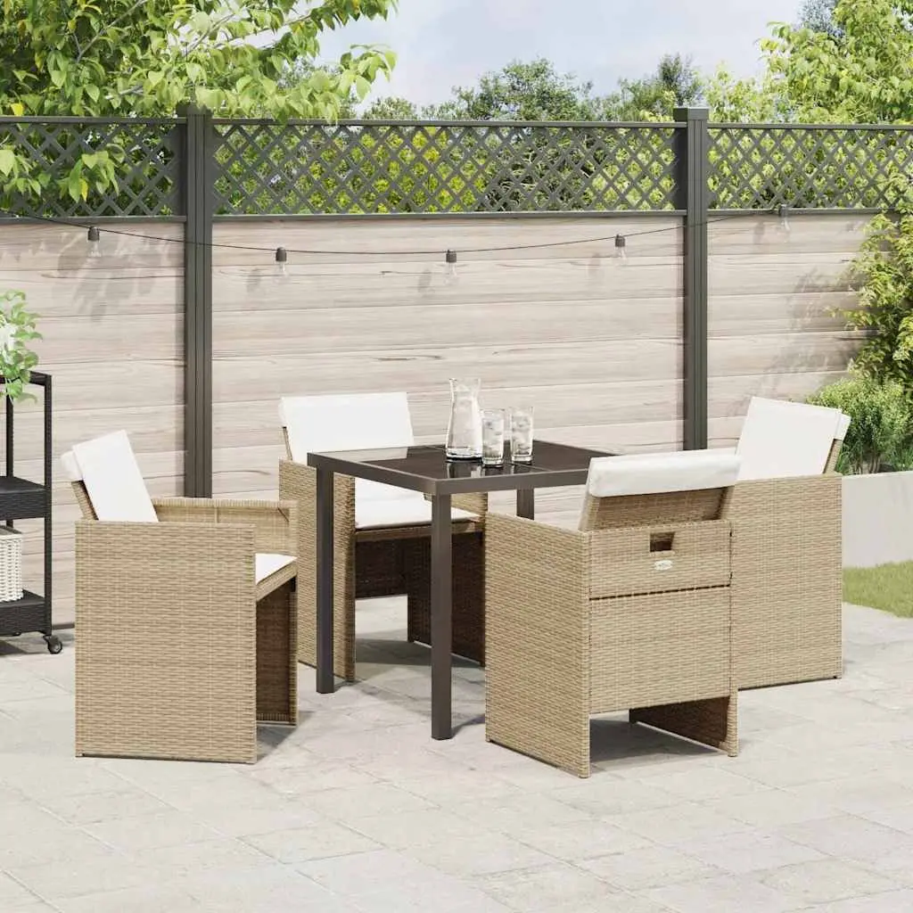 Garden Dining Set 5 Pieces Beige Outdoor Furniture with Glass Table and Rattan