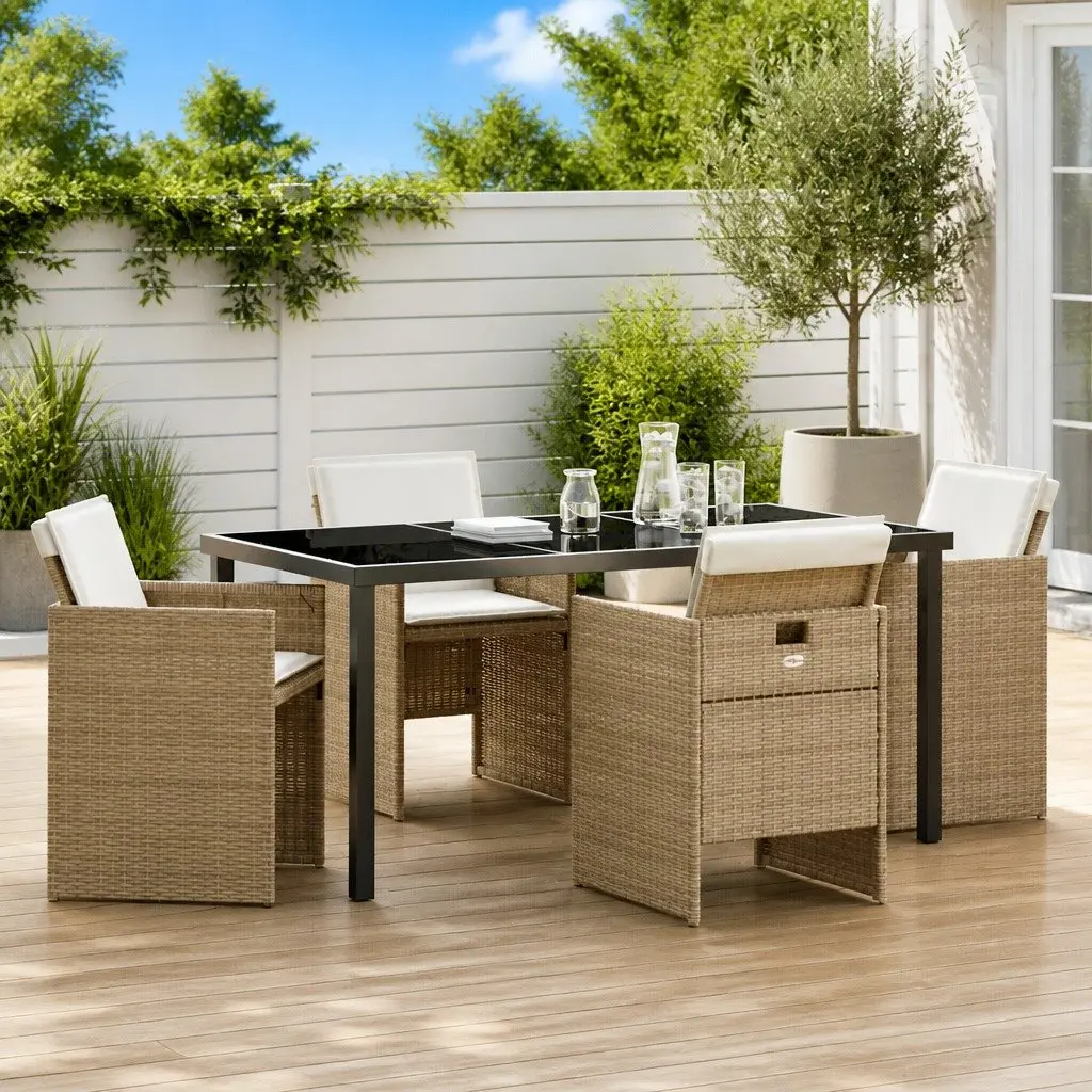 Garden Dining Set Beige 5 Pieces Outdoor Furniture Poly Rattan Table Chairs