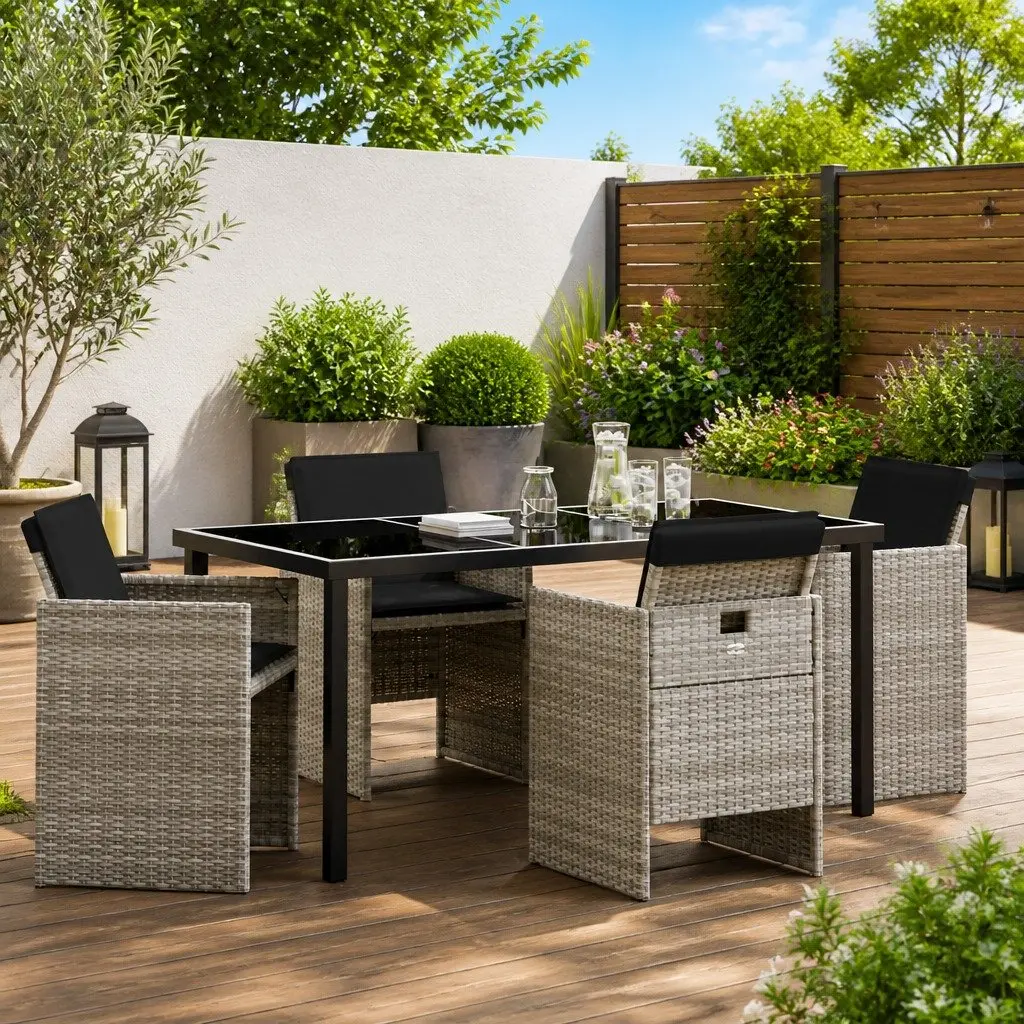 Garden Dining Set 5 Piece Outdoor Furniture Light Grey Poly Rattan Steel