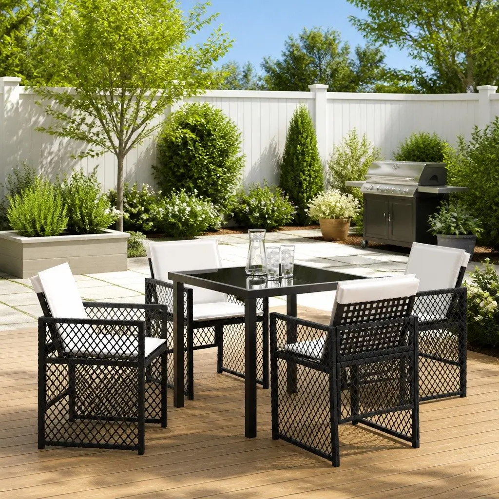Outdoor Garden Dining Set 5-Piece Black Poly Rattan Furniture Patio Table Chairs
