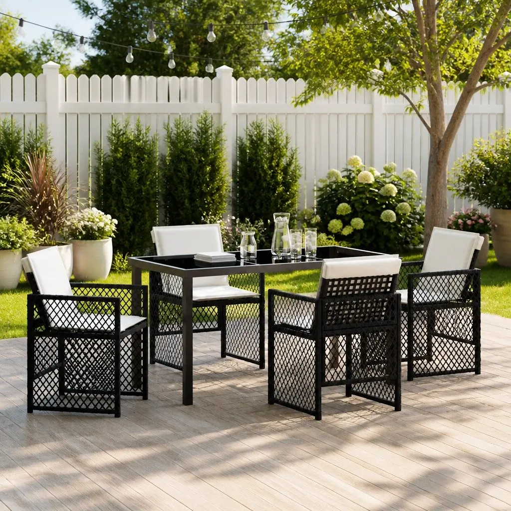 5-Piece Black Garden Dining Set with Glass Top