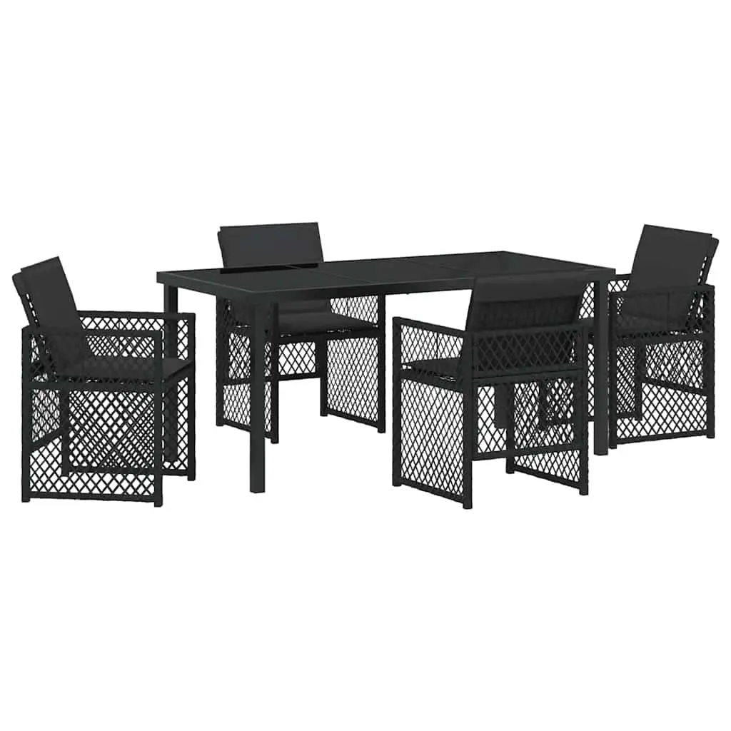 Outdoor Dining Set Black 5 Pieces Tempered Glass Table Poly Rattan Seating