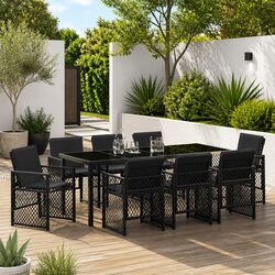 Outdoor Garden Dining Set 9 Piece Black Poly Rattan Furniture with Glass Table