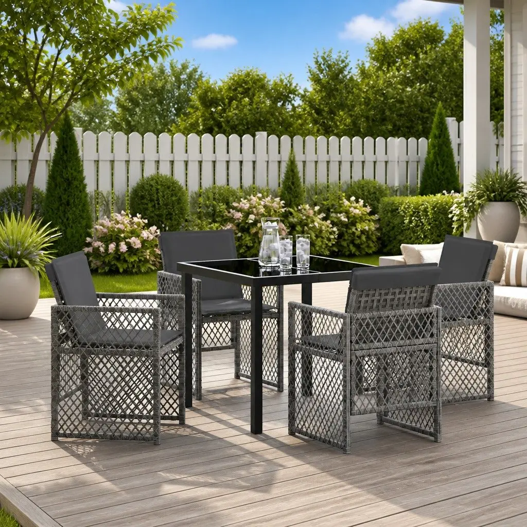 Garden Dining Set Grey 5 Piece Modern Outdoor Furniture Tempered Glass Table Poly Rattan Chairs