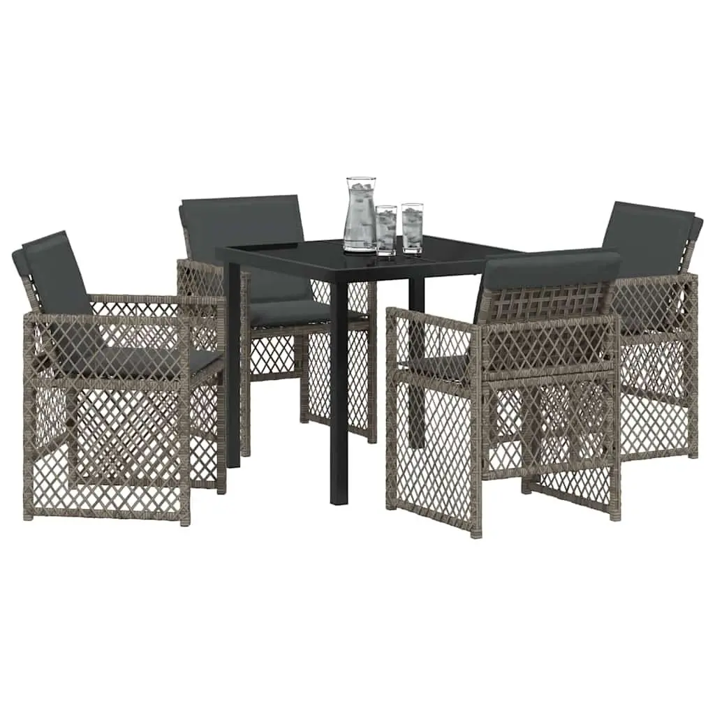 Garden Dining Set Grey 5 Piece Modern Outdoor Furniture Tempered Glass Table Poly Rattan Chairs