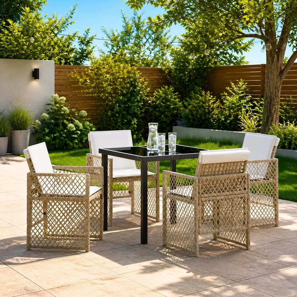 Garden Dining Set Beige 5 Pieces Outdoor Furniture Poly Rattan Glass Table