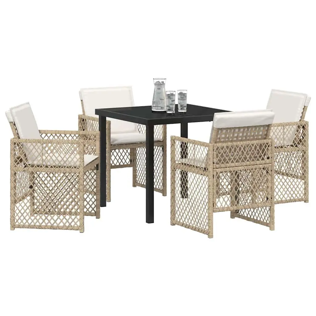 Garden Dining Set Beige 5 Pieces Outdoor Furniture Poly Rattan Glass Table