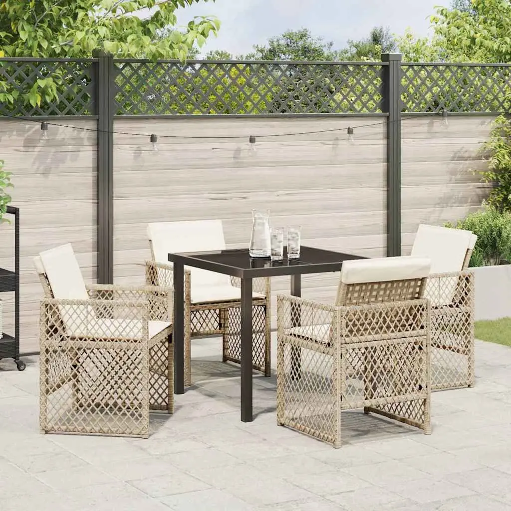 Garden Dining Set Beige 5 Pieces Outdoor Furniture Poly Rattan Glass Table