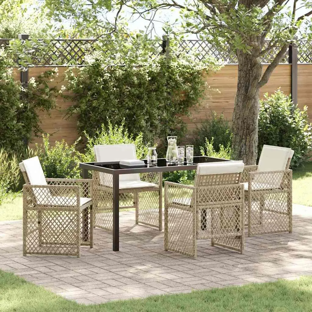 Garden Dining Set Beige 5 Piece Tempered Glass Table Powder-coated Steel Frame Poly Rattan Chairs