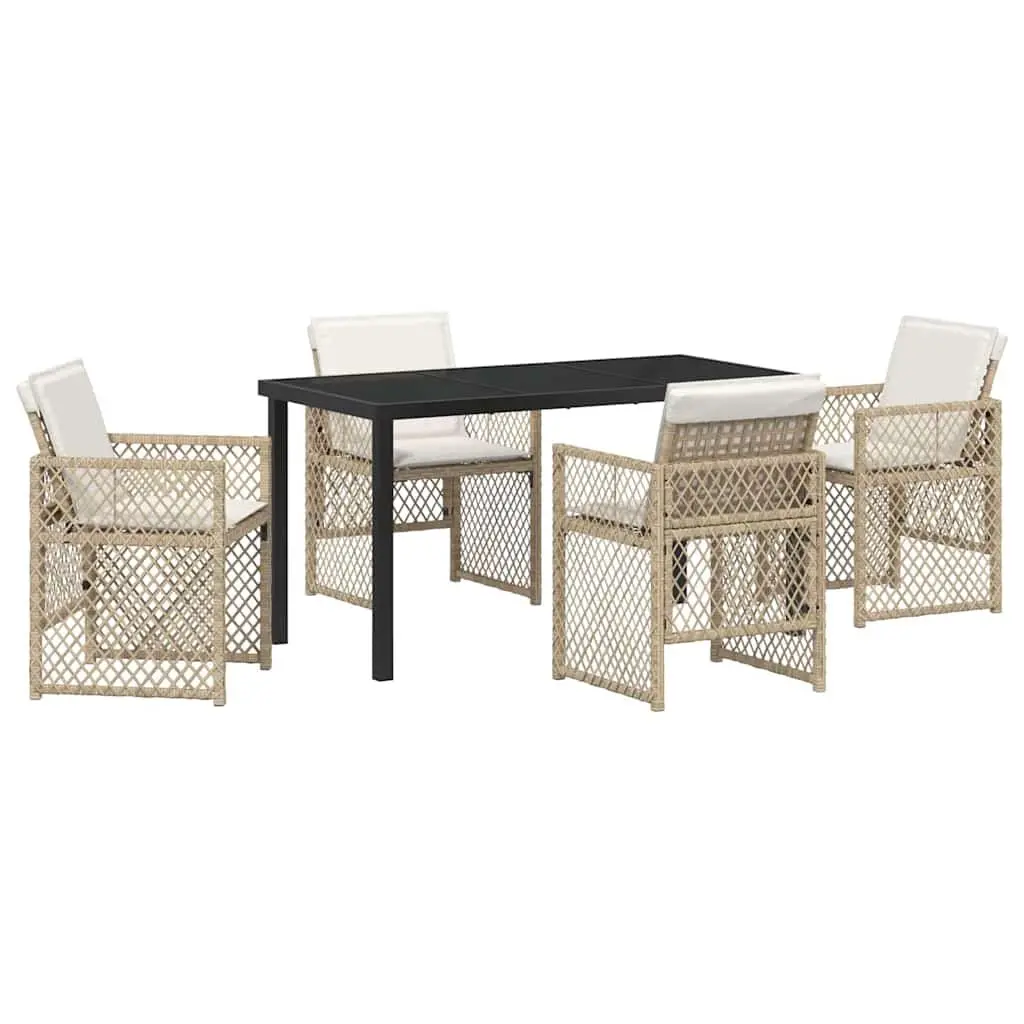 Garden Dining Set Beige 5 Piece Tempered Glass Table Powder-coated Steel Frame Poly Rattan Chairs