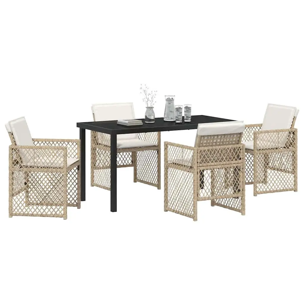 Garden Dining Set Beige 5 Piece Tempered Glass Table Powder-coated Steel Frame Poly Rattan Chairs