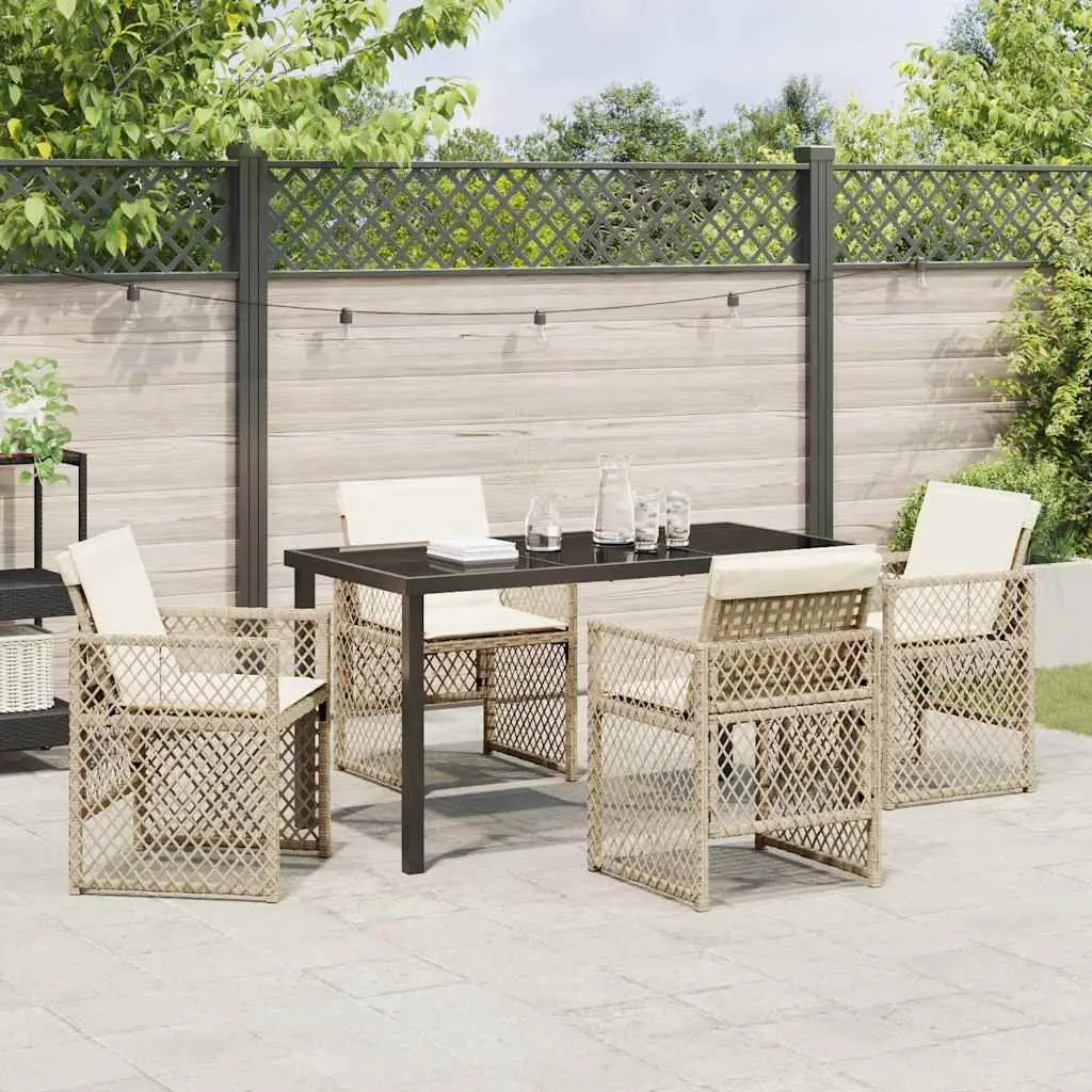 Garden Dining Set Beige 5 Piece Tempered Glass Table Powder-coated Steel Frame Poly Rattan Chairs