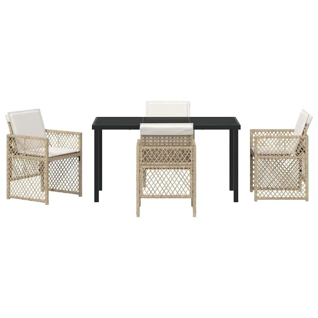 Garden Dining Set Beige 5 Piece Tempered Glass Table Powder-coated Steel Frame Poly Rattan Chairs