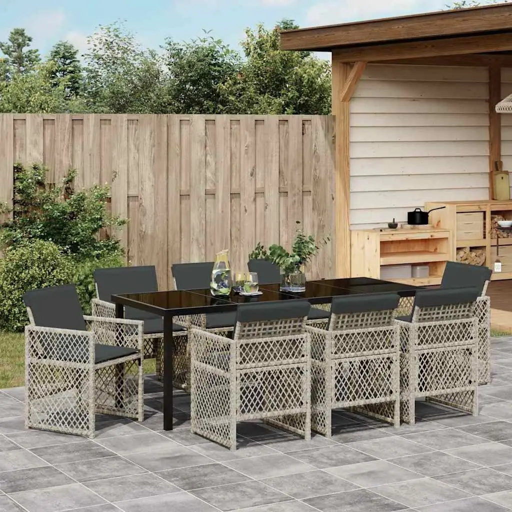 Garden Dining Set 9 pcs Light Grey Outdoor Furniture Tempered Glass Table