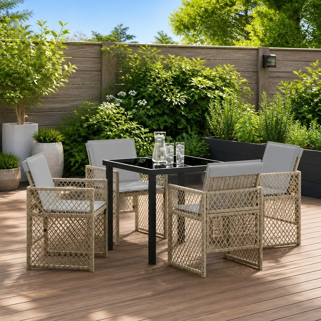 Garden Dining Set 5 Pieces Beige Outdoor Furniture Patio Table Chairs