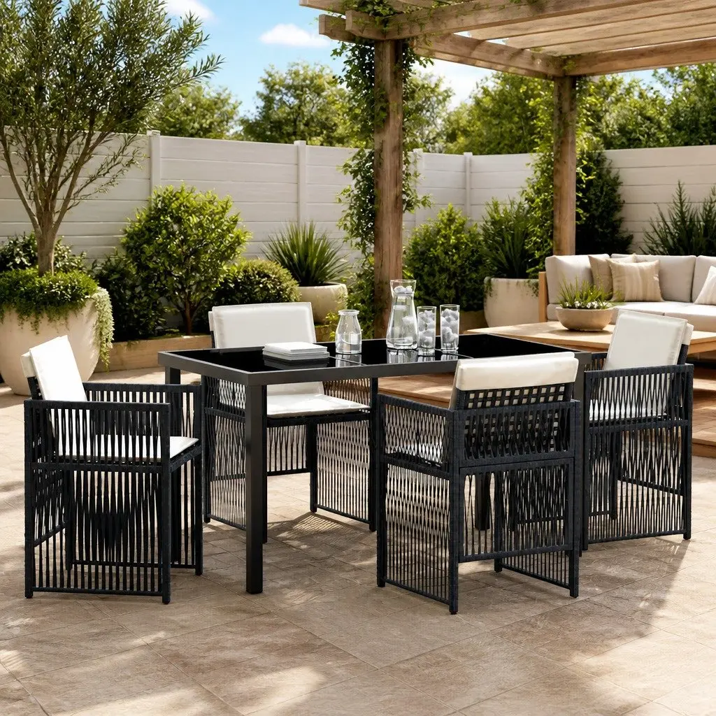 Garden Dining Set 5 Piece Black Powder-Coated Steel Outdoor Furniture Patio